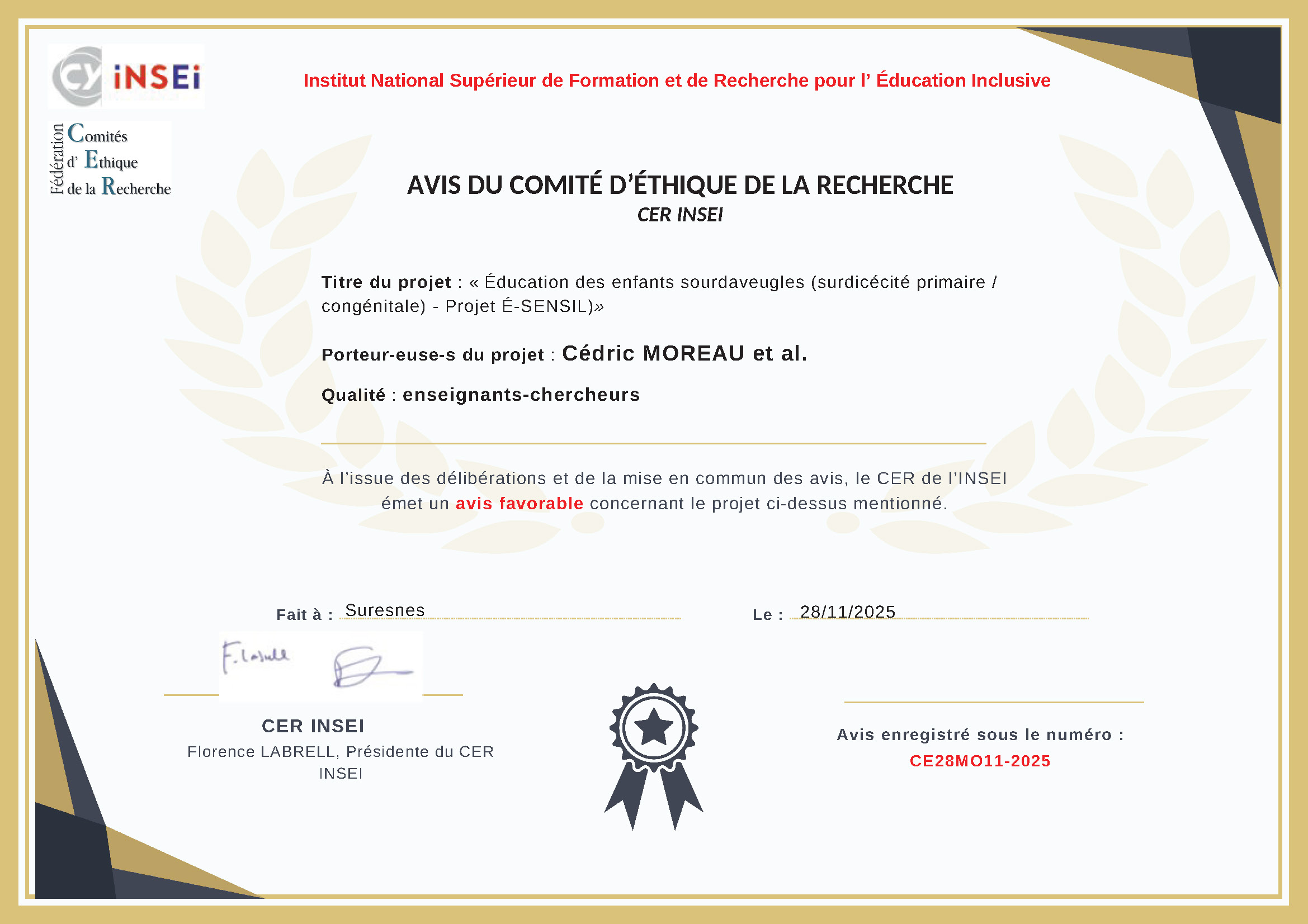 Avis favorable du comité d'éthique pour la recherche É-SENSIL