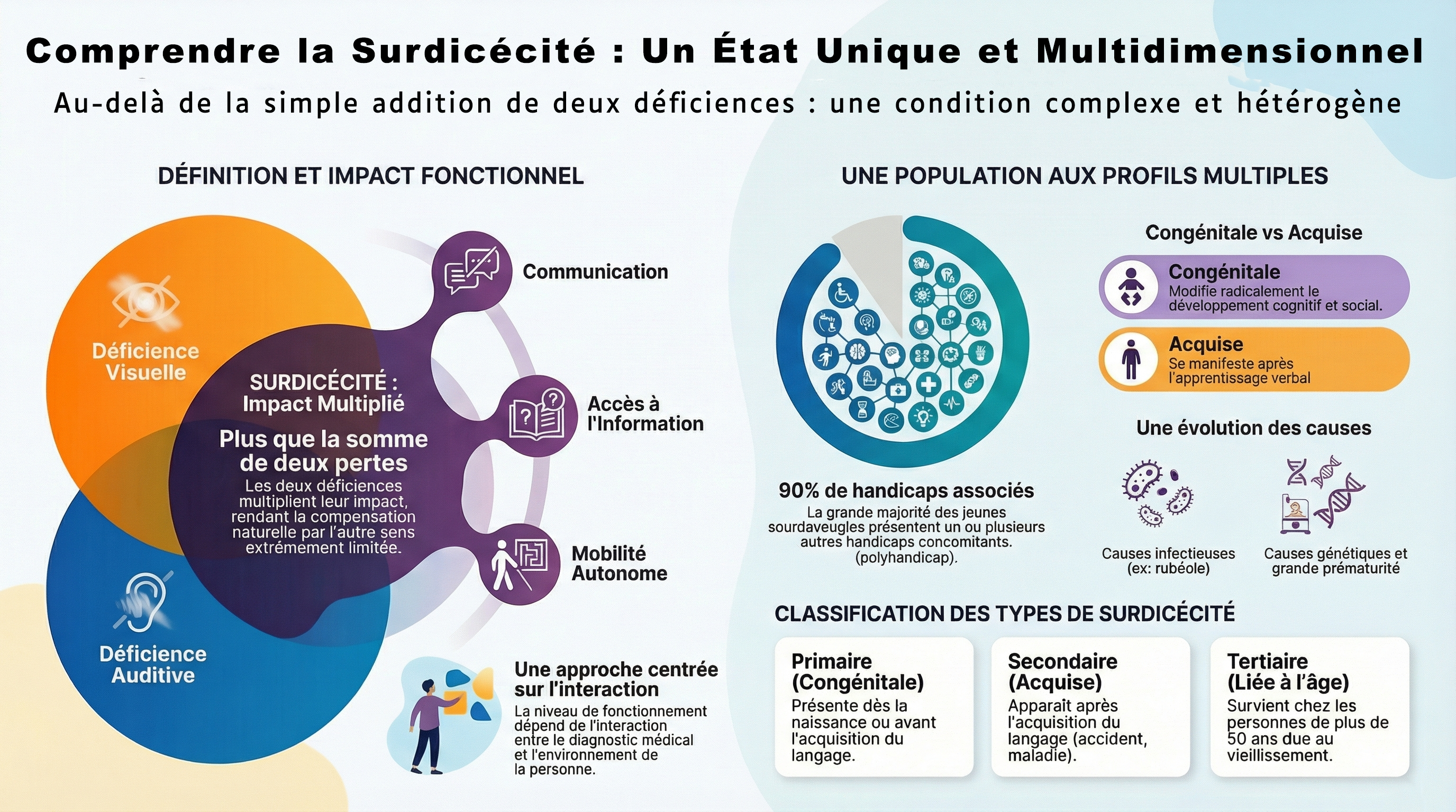 Description alternative : Qu'est-ce que la surdicécité ?
Cette infographie présente une synthèse de la surdicécité, un handicap unique résultant de la double déficience sensorielle.
1. Définition fondamentale La surdicécité est la combinaison de déficiences auditive et visuelle. Elle ne doit pas être comprise comme la simple addition de deux handicaps, mais comme une situation unique et complexe où les deux sens ne peuvent pas se compenser mutuellement.
2. Les trois types de surdicécité (selon l'apparition) :
• Surdicécité primaire (ou congénitale) : La double atteinte est présente dès la naissance ou survient avant l’acquisition du langage. Elle impacte radicalement le développement cognitif et social.
• Surdicécité secondaire (ou acquise)