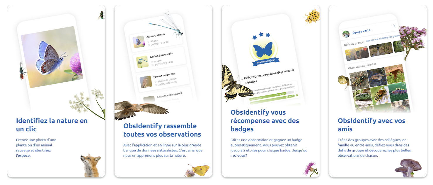 Visuel de l'application ObsIdentify avec plusieurs captures d'&eacute;crans. 