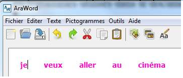 menu fiichier éditer texte pictogrammes outils aide puis sur la feuille en dessous est écrit je veux aller au cinéma