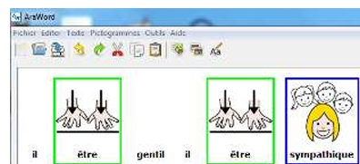 en haut, le menu, plus bas, pictogramme être avec deux mains et deux flèches vers le bas, mot gentil , encore le pictogramme être avec les mains et les flèches puis le pictogramme sympathique, une fille sourit ainsi que trois autres petites têtes d'enfant au dessus