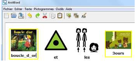 couverture du livre boucle d'or avec en dessous écrit boucle d'or, à coté le mot et avec au dessus une triangle vers avec un disque noir dedans, le mots let avec deux personnages, des flèches montant vers le haut et une visage, puis le mot 3ours avec une couverture d'album